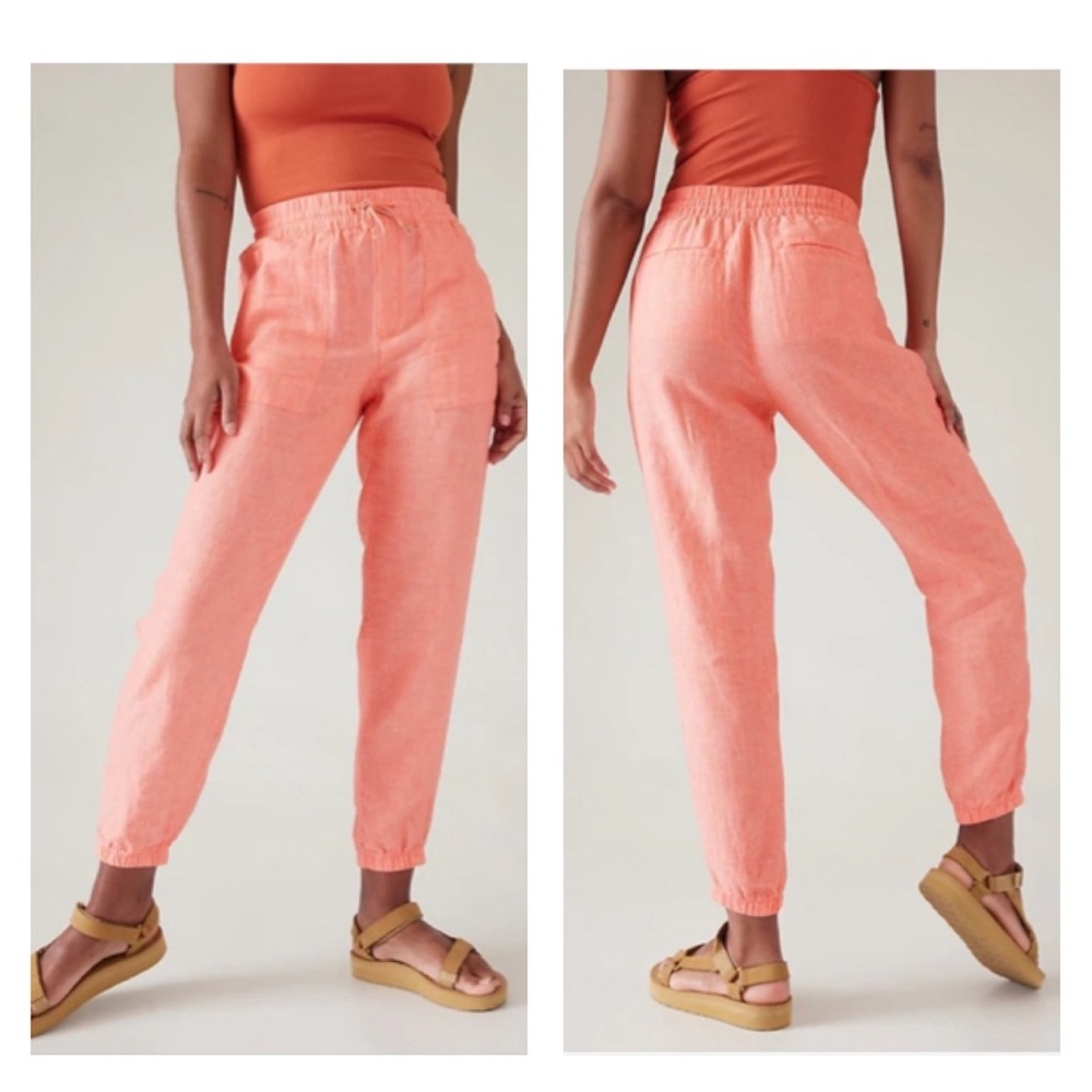 Athleta Retreat Linen Jogger Pants Sunset Glow Peach Orange Size 6 Zip Pockets